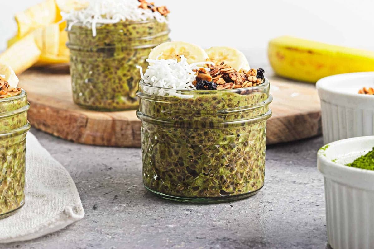 A jar of Banana Matcha Chia Pudding.