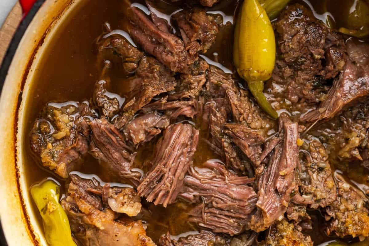 A pot of Dutch Oven Mississippi Pot Roast.