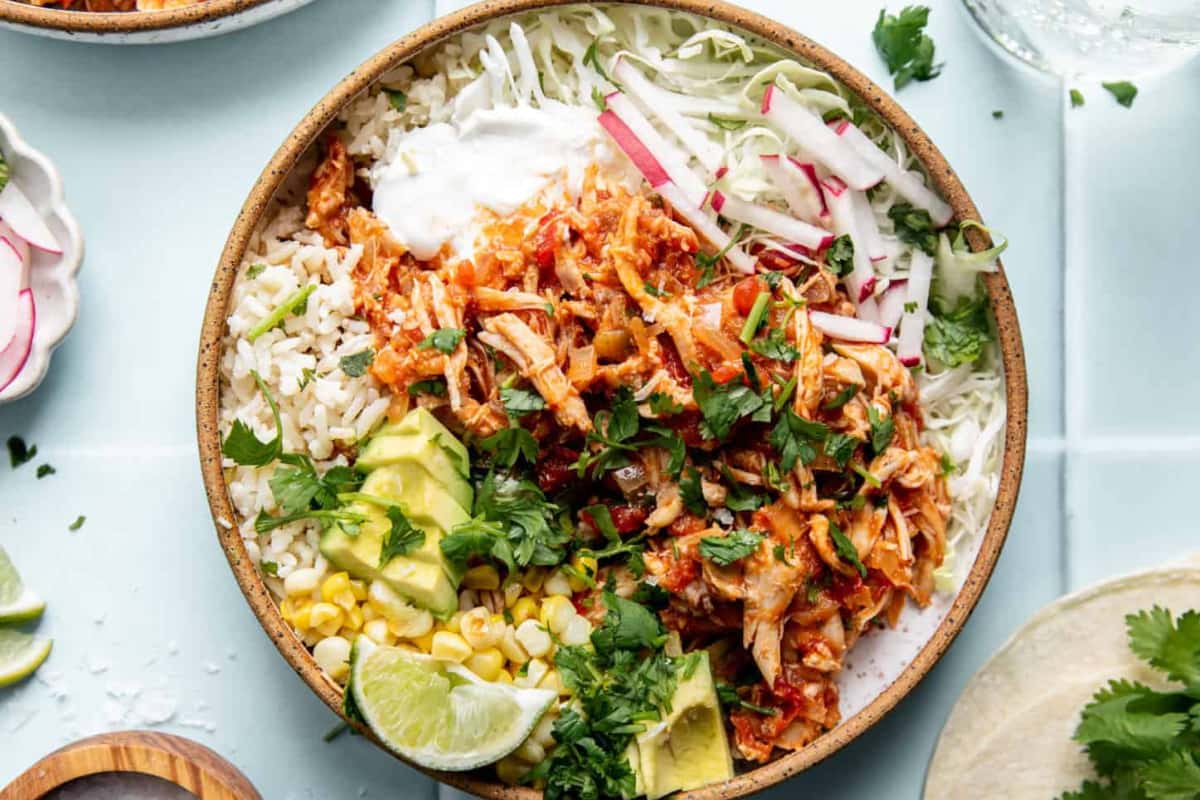 A bowl of Slow Cooker Salsa Chicken.