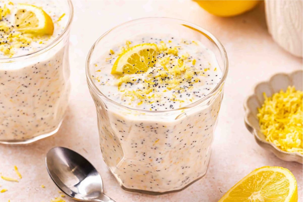 A glass of poppyseed overnight oats.