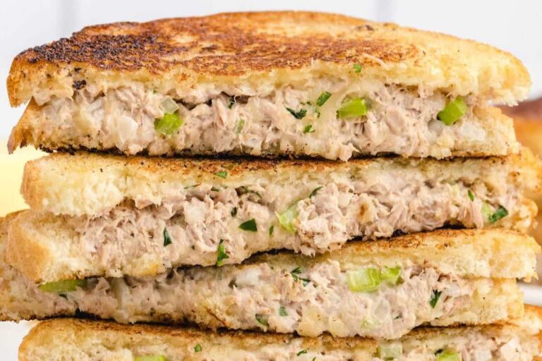 A plate of Grilled Tuna Salad Sandwich.