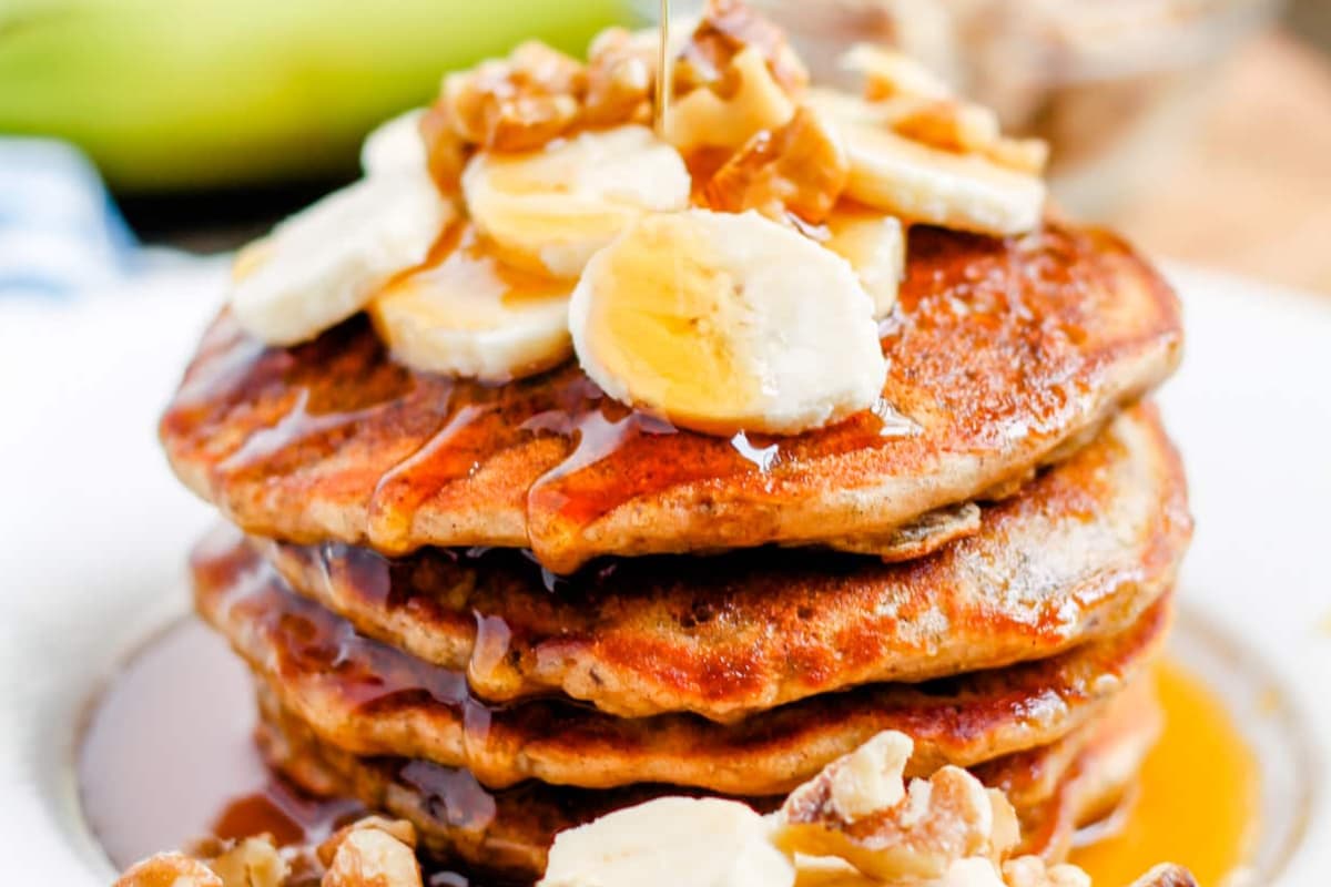 A plate of Banana Nut Spelt Flour Pancakes.