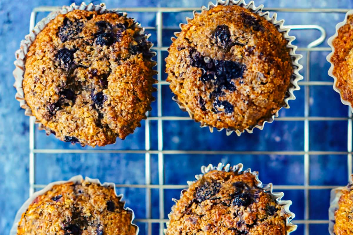 A rack of Moist Blueberry Bran Muffins.