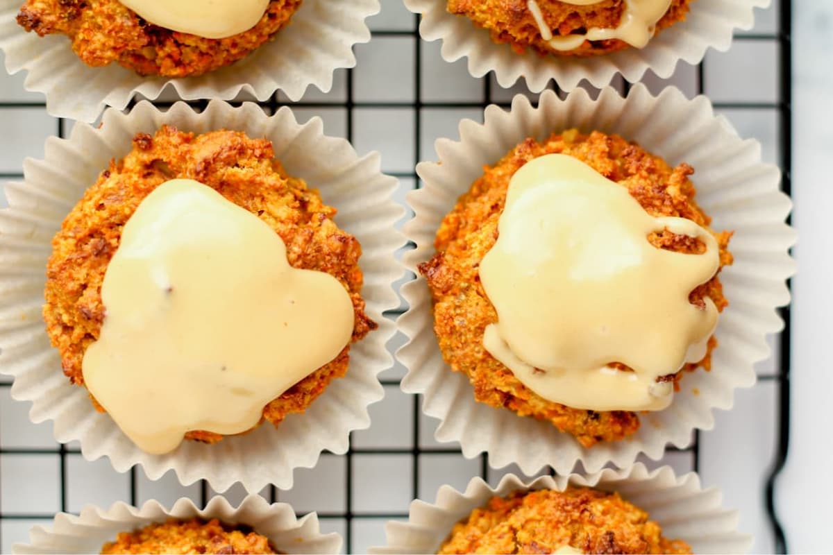 A rack of Carrot Cake Spelt Flour Muffins.