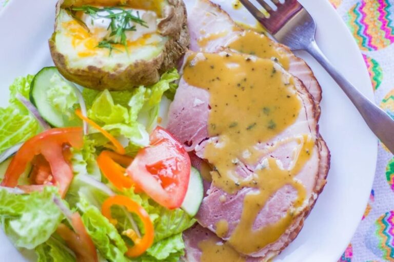 A plate of Honey Mustard Sauce for Ham.