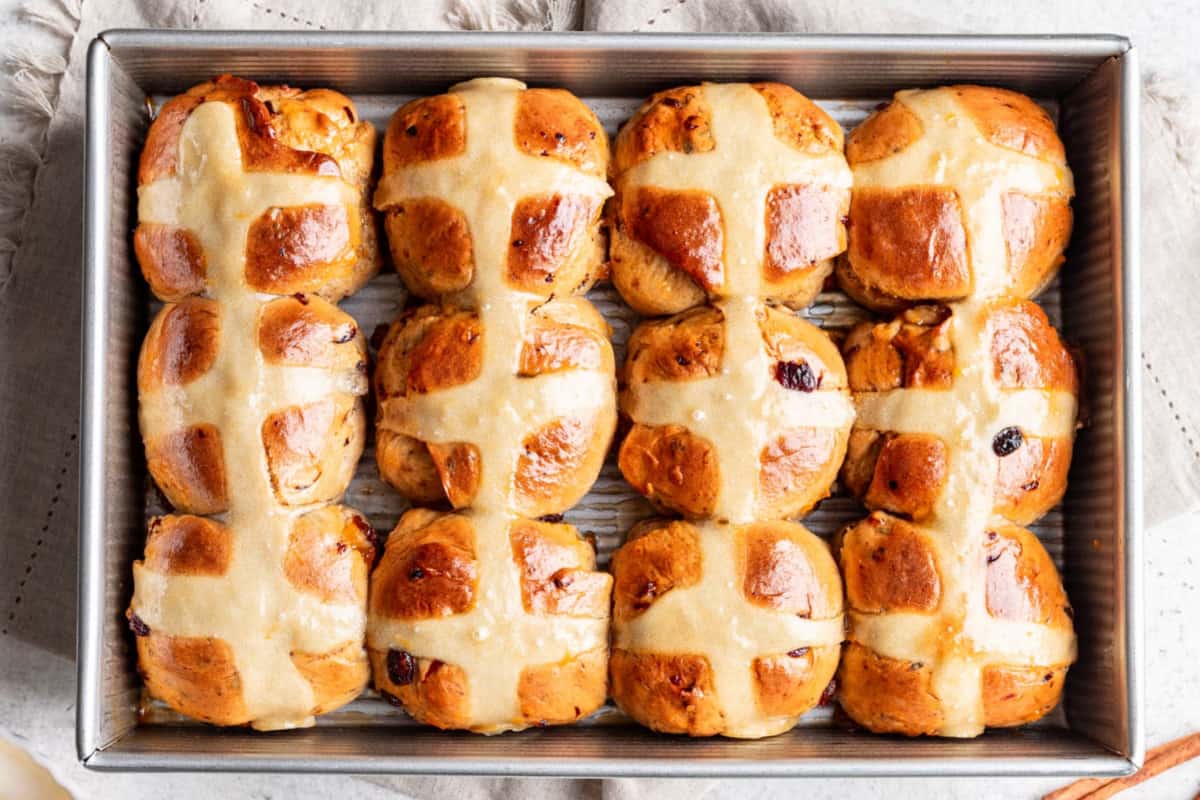 A pan of Hot Cross Buns Recipe.