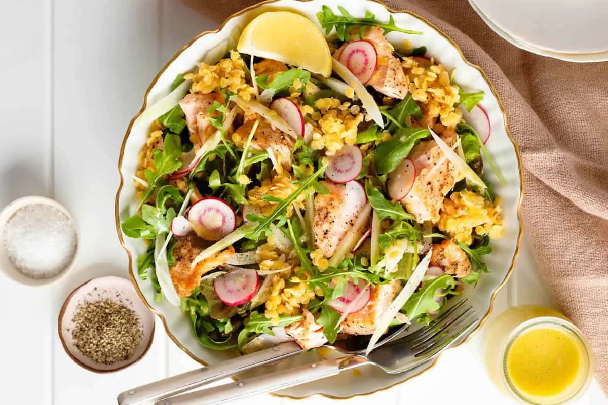 A bowl of Fennel, Lentil, and Salmon Salad.