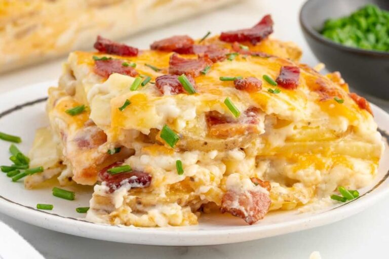 A plate of Loaded Scalloped Potatoes.