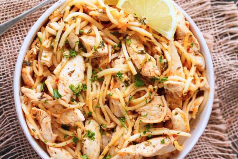 A bowl of Keto Butter Chicken with Noodles.