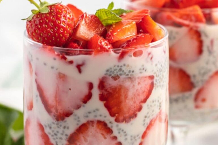 A glass of Strawberry Chia Pudding.