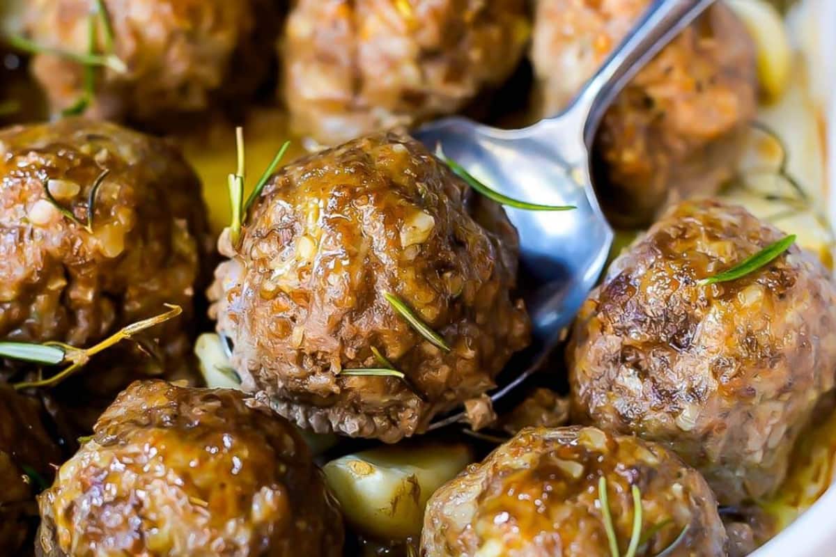 A dish of Garlic Rosemary Whole 30 Meatballs.