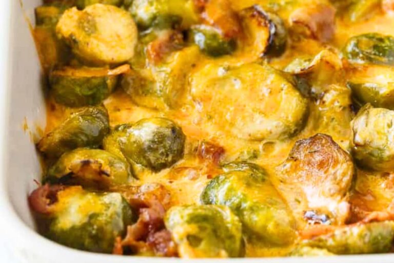 A dish of Keto Brussels Sprouts Casserole.