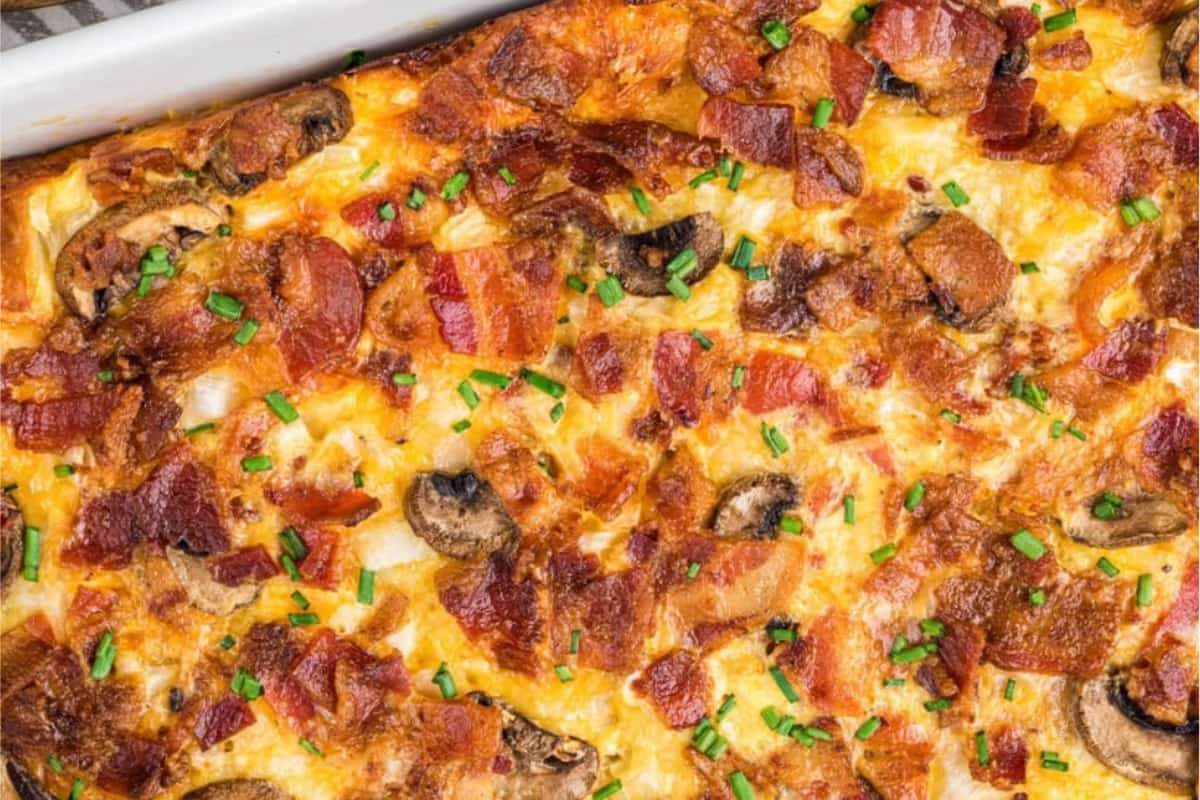 A dish of Easy Bacon Breakfast Casserole.