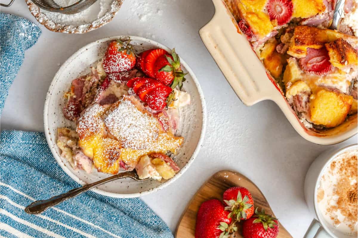A dish of Overnight Stuffed French Toast Casserole.