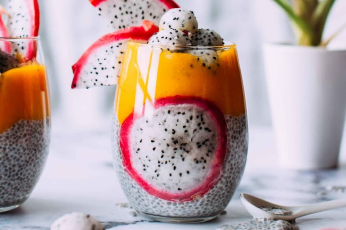 A glass of Mango Chia Pudding.