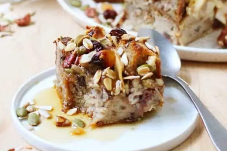A dish of Make-Ahead Granola Breakfast Bread Pudding.