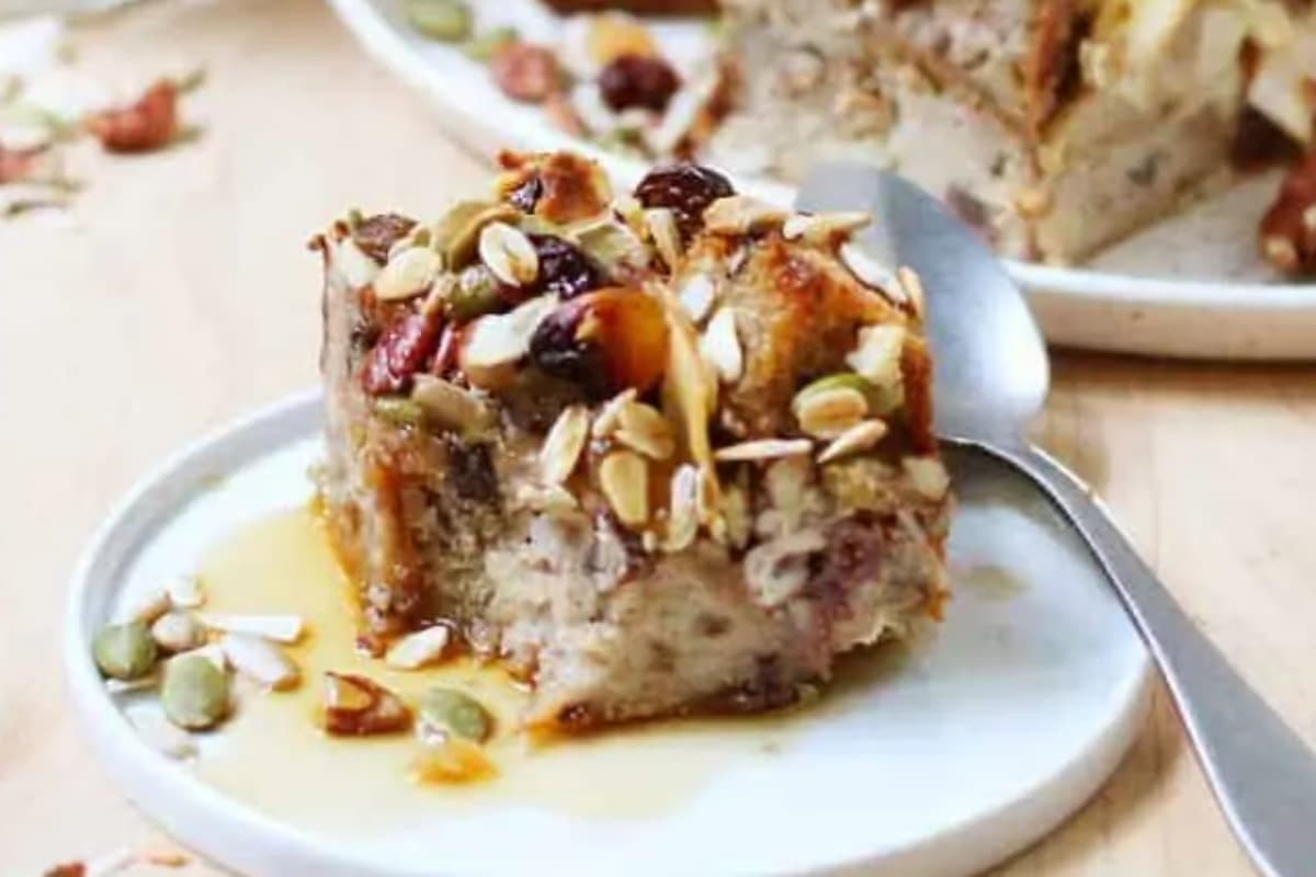 A dish of Make-Ahead Granola Breakfast Bread Pudding.