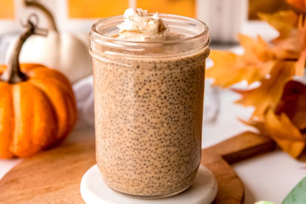 A jar of Protein Pumpkin Chia Pudding.