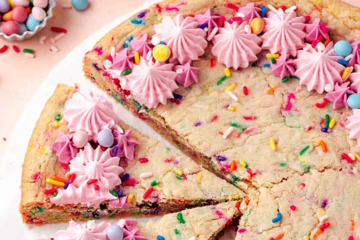 A dish of Funfetti Sugar Cookie Cake.