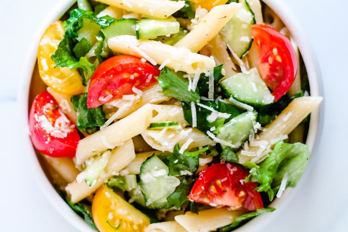 A bowl of Spring Pasta Salad with No Mayo.