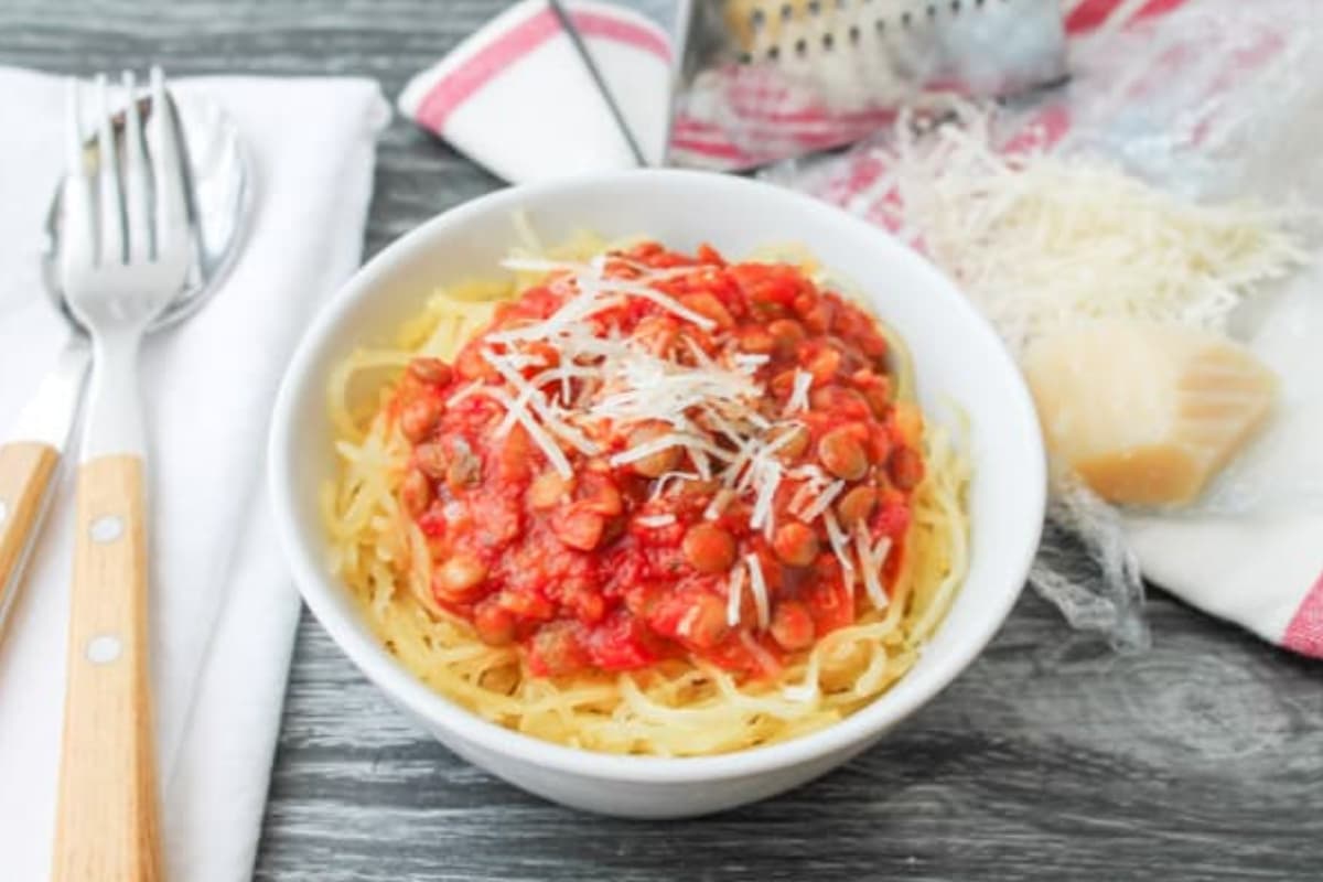 A dish of Lentil Marinara with Spaghetti Squash.