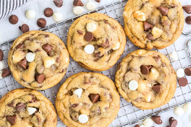 A rack of Chocolate Chip and White Chocolate Chip Cookies.