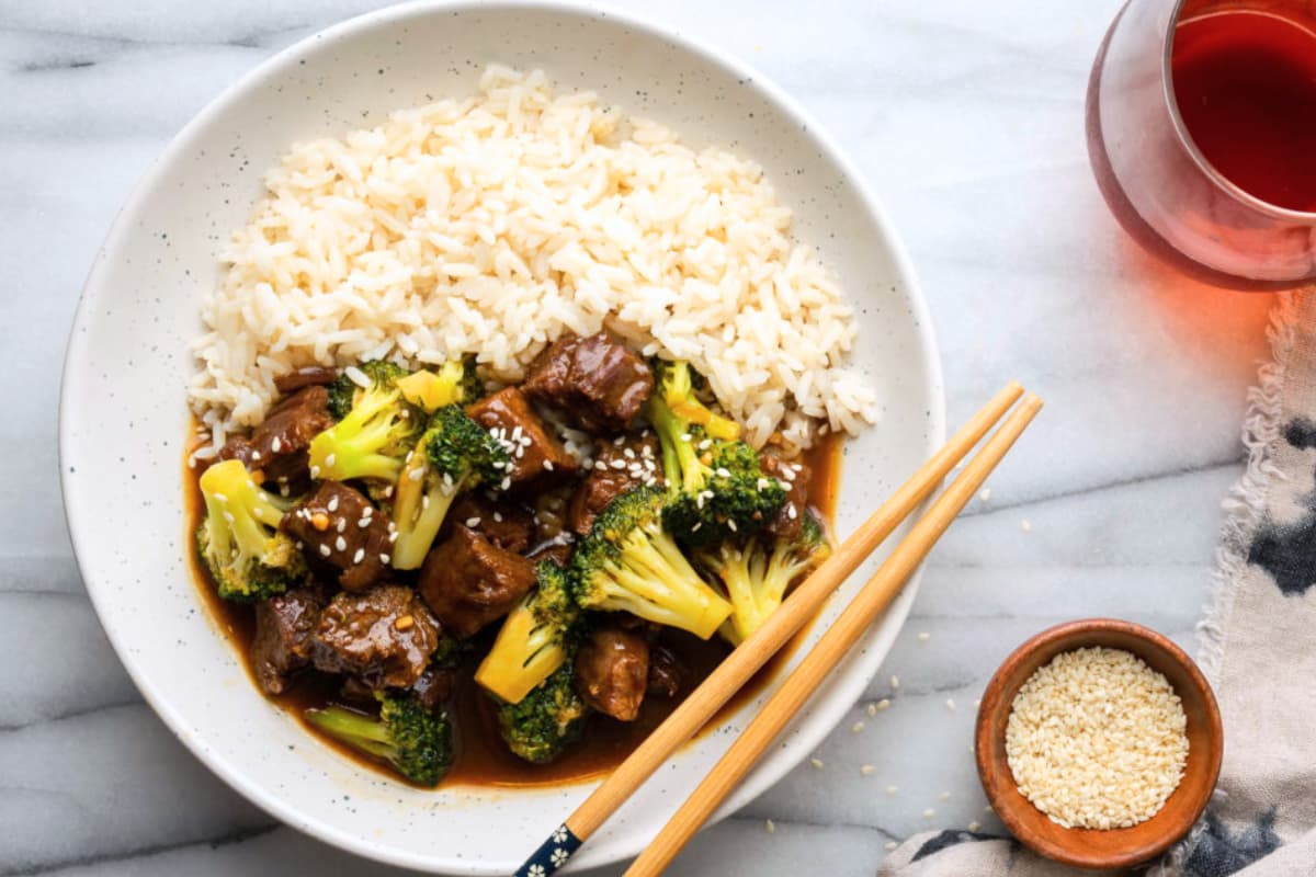 A dish of Gluten Free Garlic Beef and Broccoli.