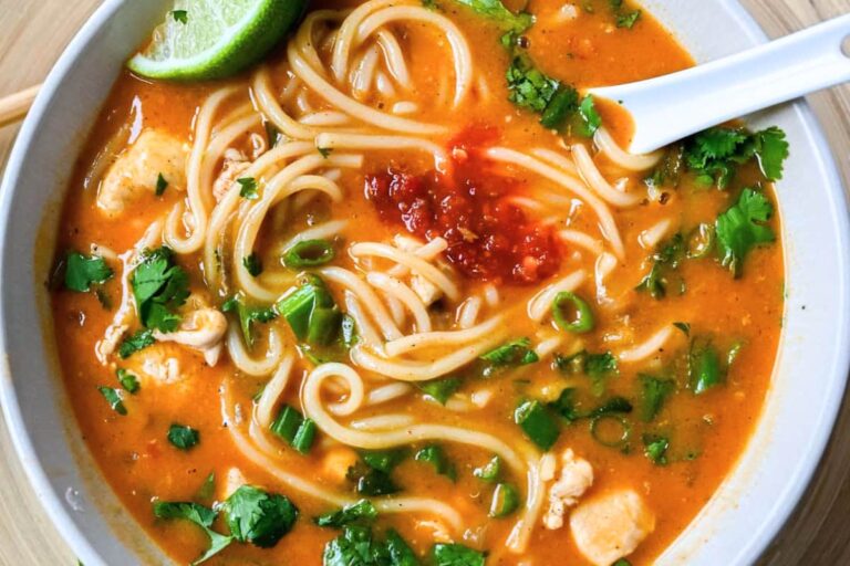 A bowl of Chicken Curry Noodle Soup.