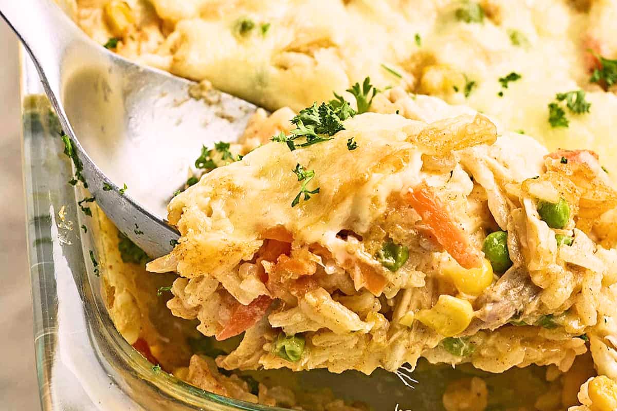 A dish of Chicken and Rice Casserole.