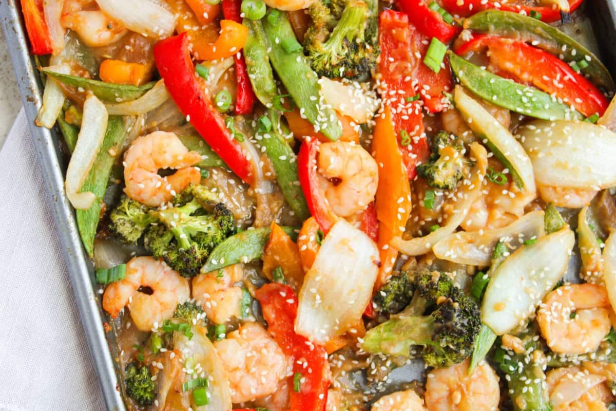 A dish of Shrimp and Vegetable Stir Fry.