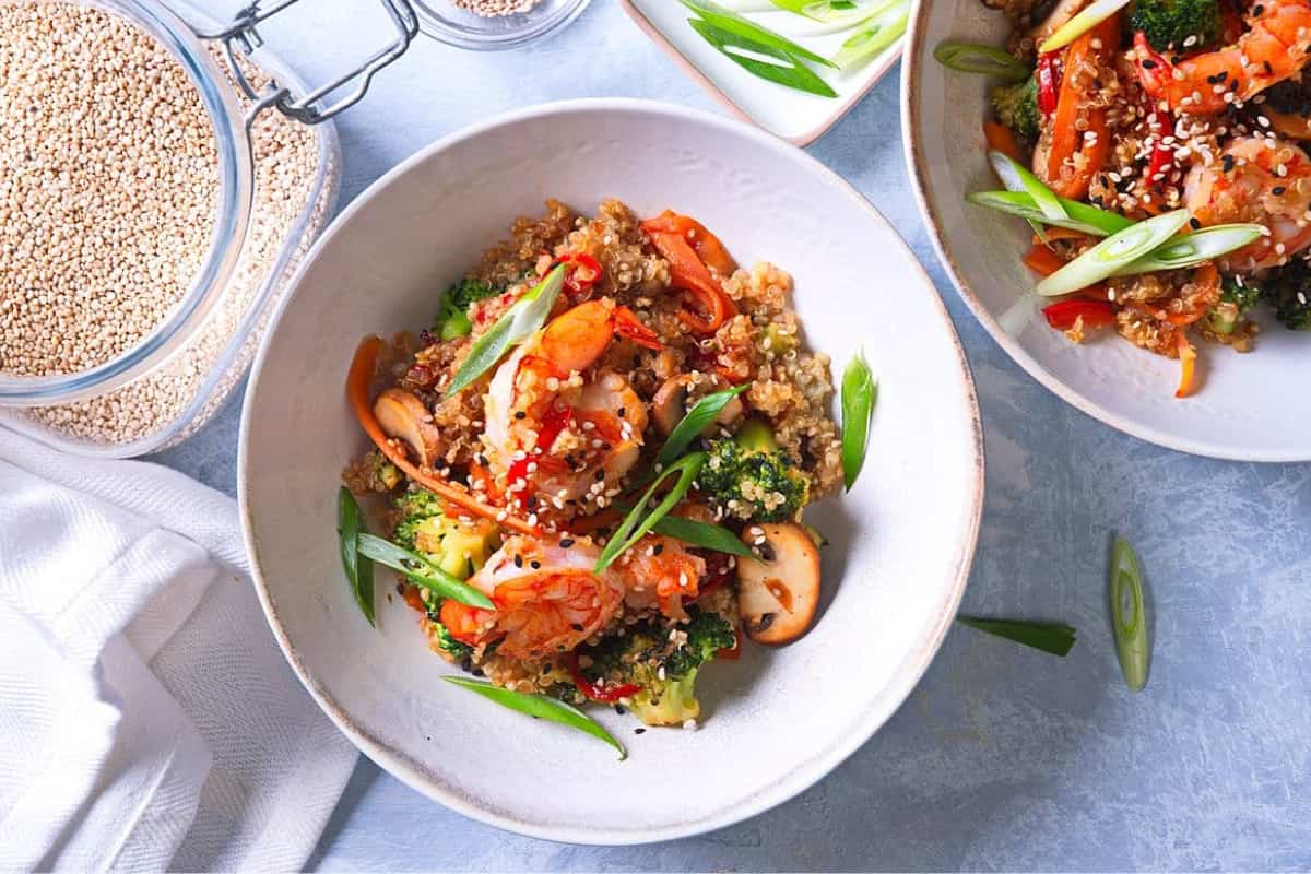 A bowl of Quinoa Stir Fry (w/ Shrimp & Veggies).