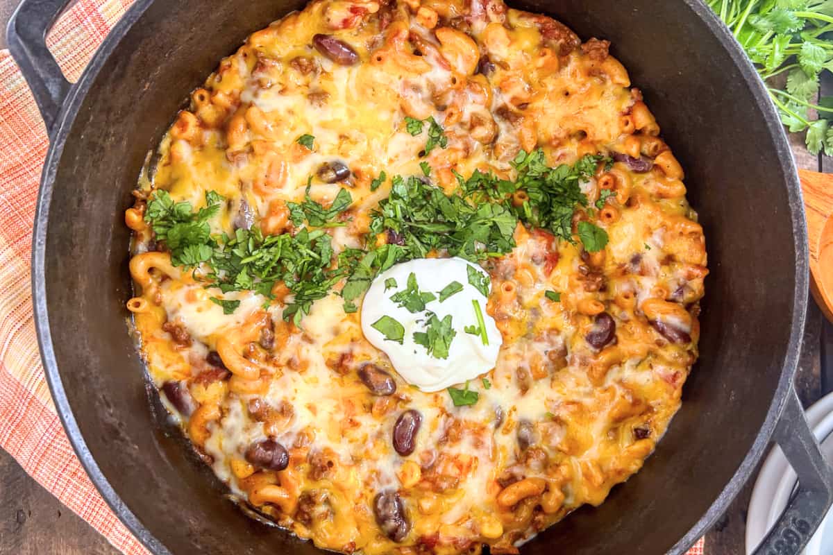 A dish of Dutch Oven Chili Mac.