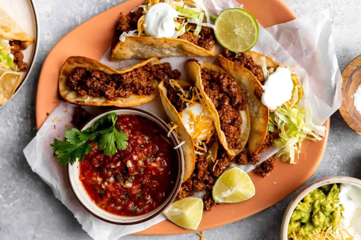A dish of Homemade Ground Beef Tacos.