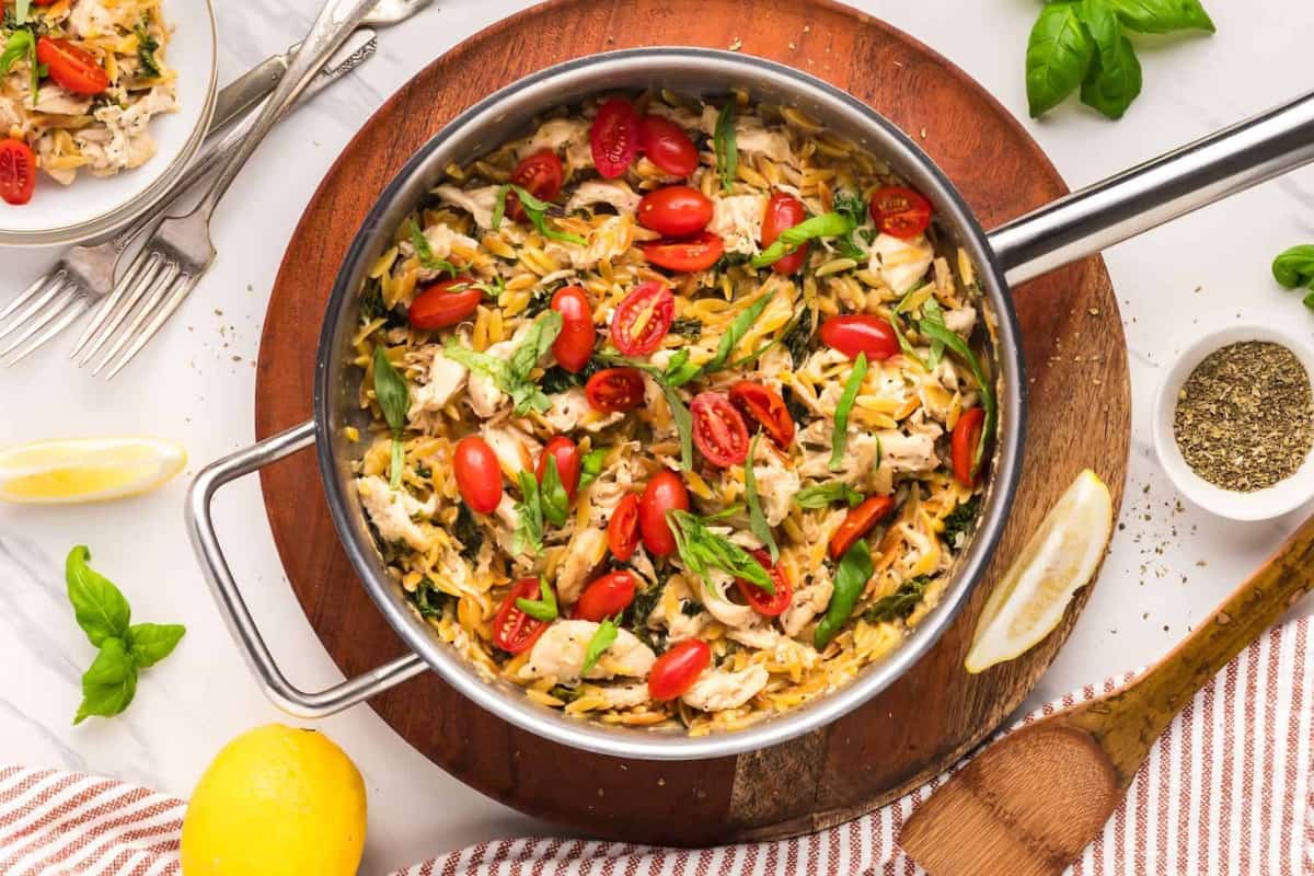 A dish of Lemon Chicken Orzo Pasta.