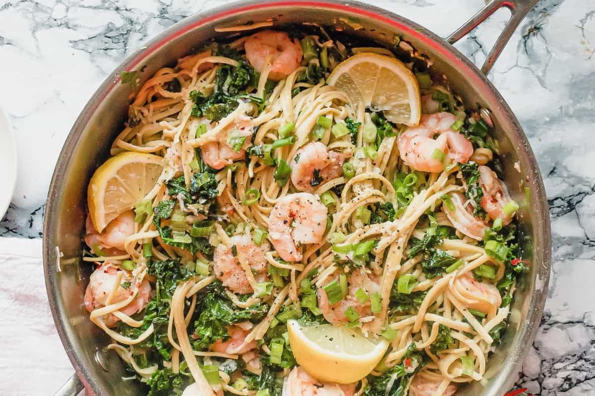 A dish of Lemon Shrimp Pasta with Kale.