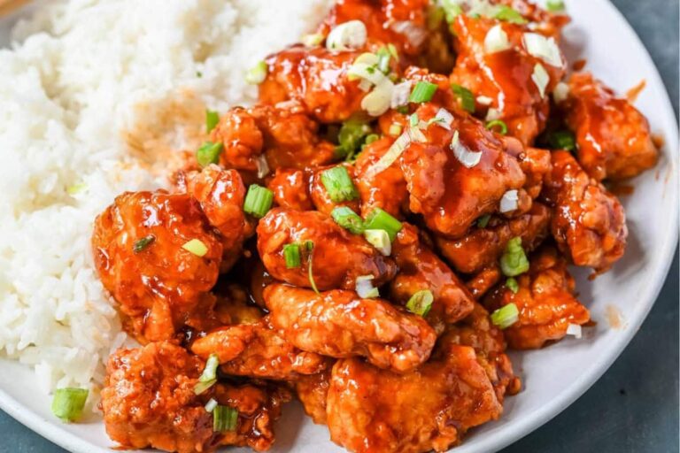 A plate of Crispy Honey Sriracha Chicken.