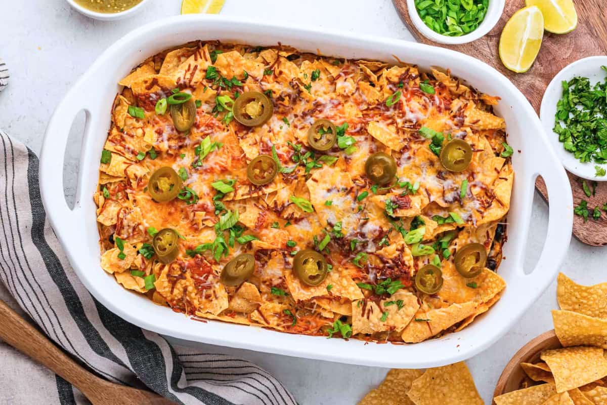 A dish of Easy Chicken Taco Casserole.