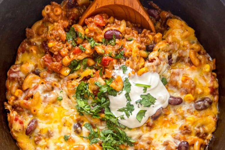 A dish of Dutch Oven Chili Mac.