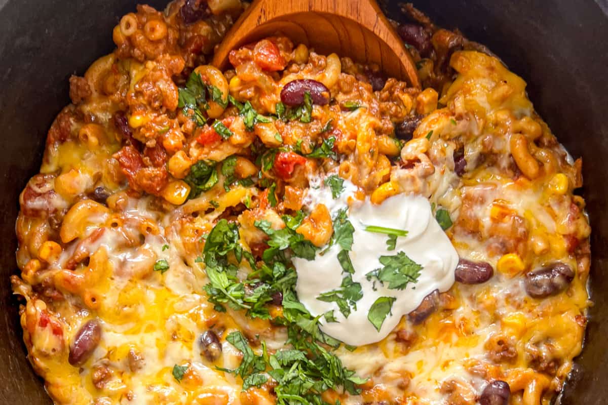 A dish of Dutch Oven Chili Mac.