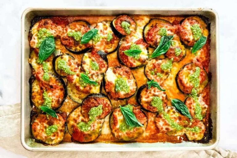 A dish of Easy Weeknight Sheet Pan Eggplant Parmesan.