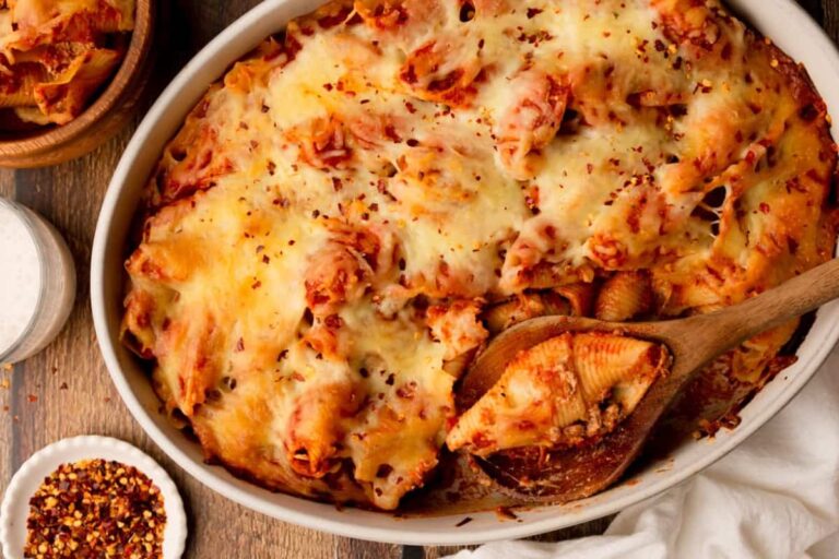 A dish of Lasagna Stuffed Shells.