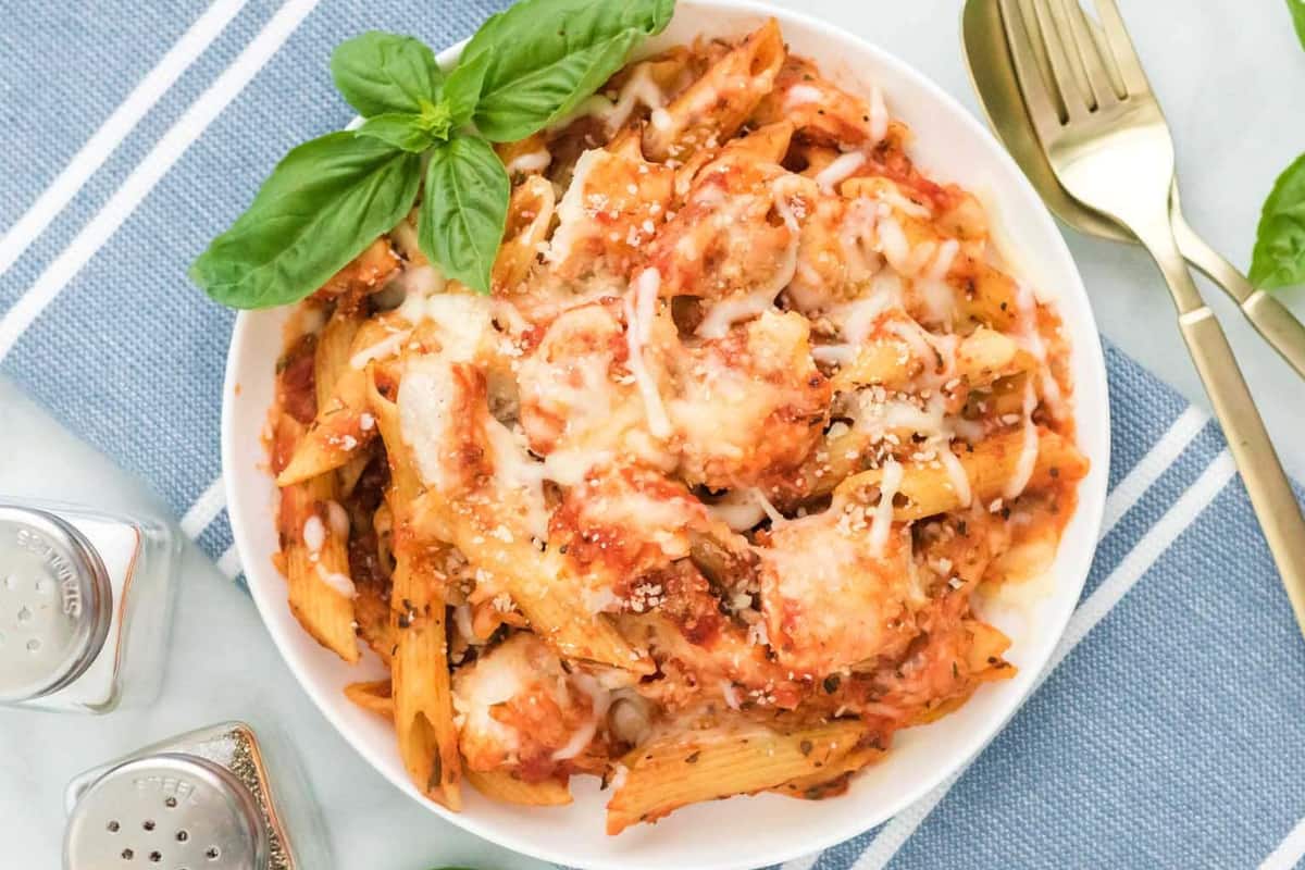 A dish of Chicken Parmesan Casserole.