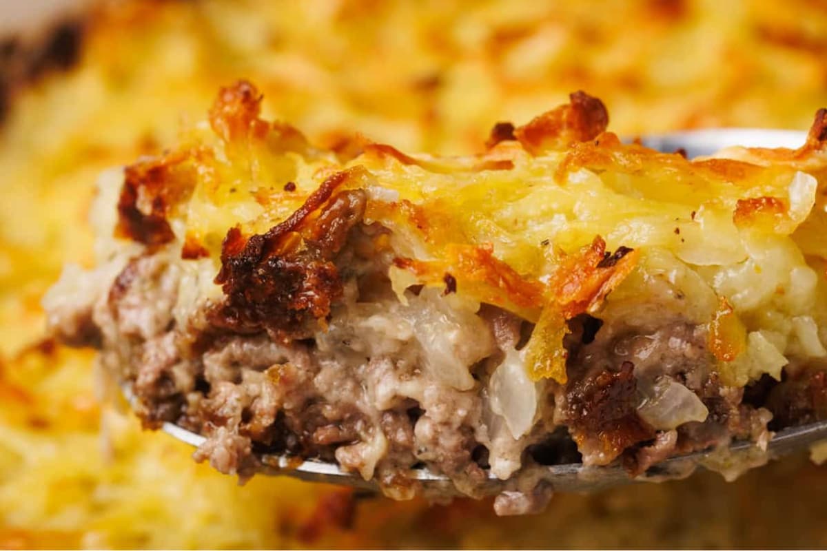 A dish of Ground Beef and Hash Brown Casserole.