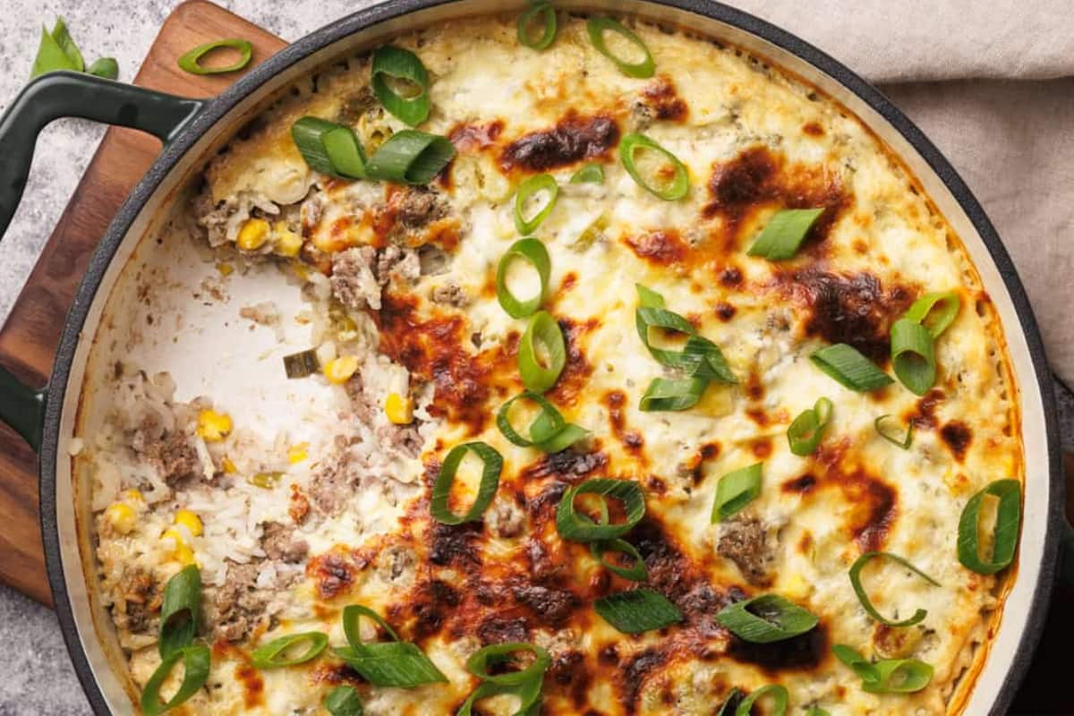 A dish of Hamburger and Rice Casserole.