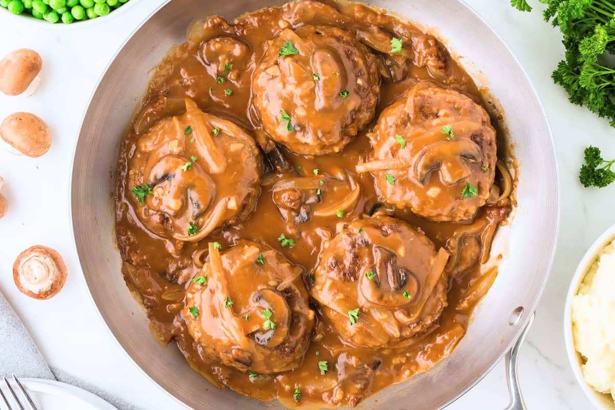 A dish of Salisbury Steak.