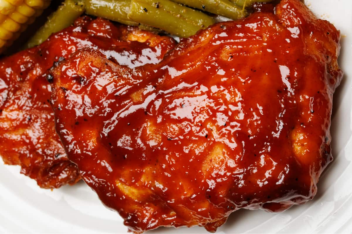 A dish of BBQ Baked Chicken Thighs.
