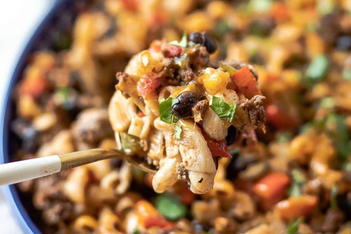 A dish of Healthy Mexican Pasta Bake.