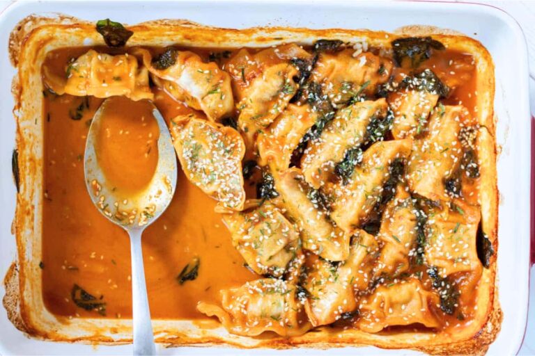 A dish of Viral Baked Dumplings.