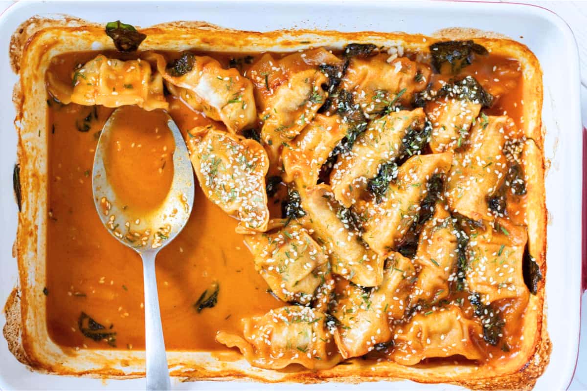 A dish of Viral Baked Dumplings.