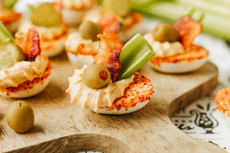 A plate of Bloody Mary Deviled Eggs.